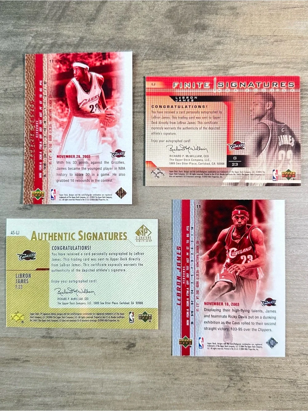 LeBron James Signed Rookie Lot of (4) Upper Deck Novelty Cards.